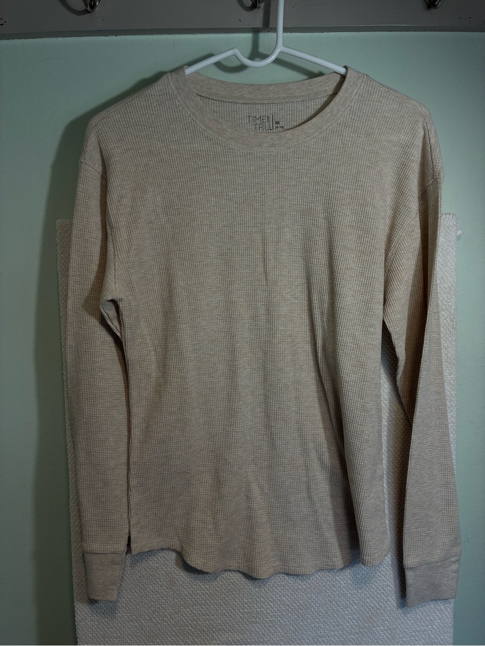 Time and Tru Women's Long Sleeve Waffle Crewneck - Beige